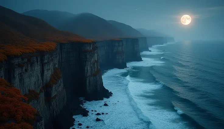 Autumn Night Over a Coastal Cliffs (Drone Aerial View) A dramatic drone shot of coastal cliffs during autumn at night. The full moon illuminates the cliffs and the shoreline, revealing the rich fall colors of the vegetation along the cliffs. The crashing w...