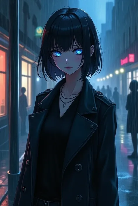 Masterpiece, top quality, illustration, {beautiful detail girl}, beautiful glow in detail, crossdressing beauty, (black jacket and trench coat), sunglasses, laughter, fangs removed, vampire, indigo eyes, rainy street corner, rain, detailed lighting, detail...