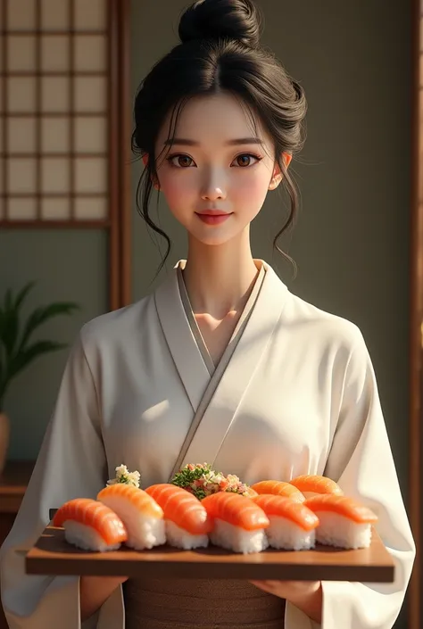 A Chinese woman with a tray of sushi


