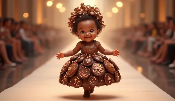 Create a scene in which a smiling and adorable baby girl is wearing a dress made with chocolate brigadeiro  sweets inside the brigadeiro plates, the brigadeiros with decodo confetti in relief, and on the babys head an ornament of chocolate brigadeiros deco...