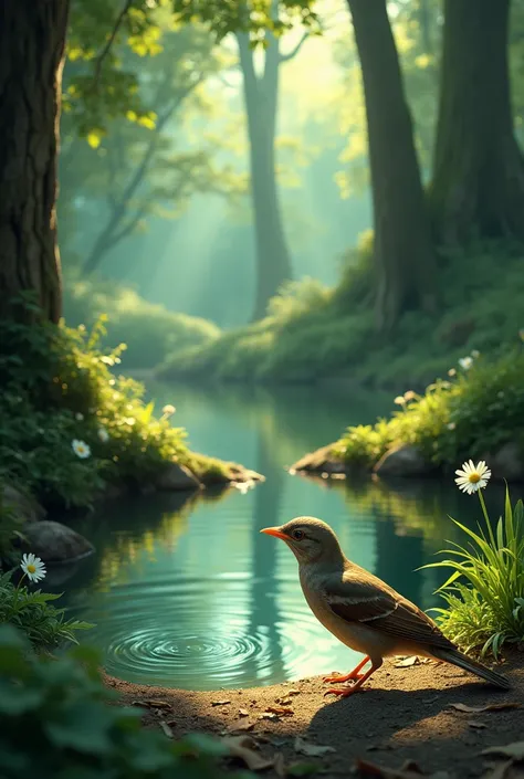 Suddenly the bird saw water in a small pond in the forest