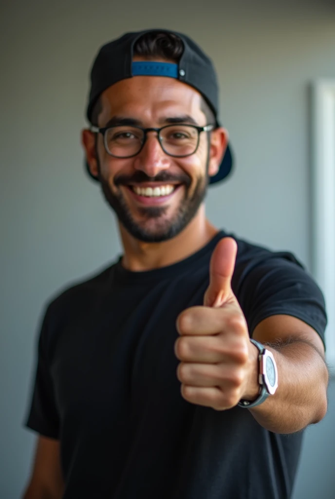 arafed man in a black and blue hat and glasses giving a thumbs up, giving a thumbs up to the camera, giving the thumbs up, doing a thumb up, giving a thumbs up, thumb up, indistinct man with his hand up, young Brazilian man, with a beard and a white shirt,...