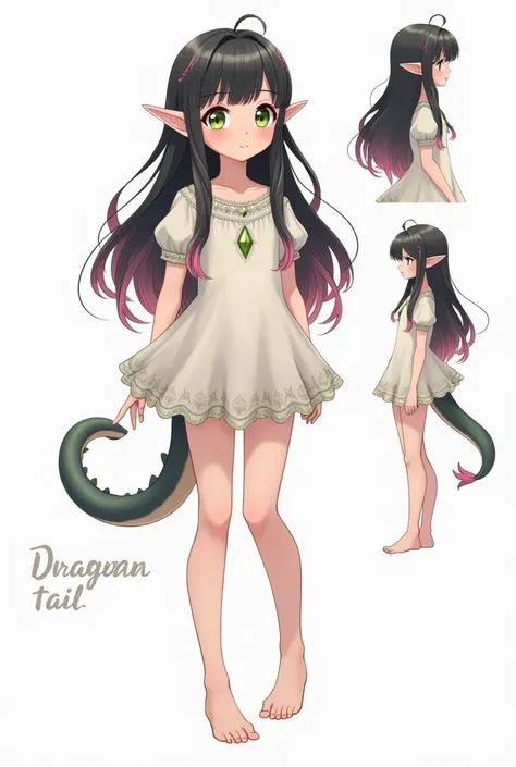 complete detailed body, extra detailed body, anime vtuber full body model, soft anime illustration, anime style character, clean detailed anime style,Elf girl full-length concept art dark hair with pink streaks green eyes and a dragon tail anime style (((d...