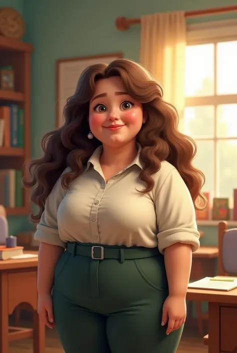 A chubby teacher with long hair