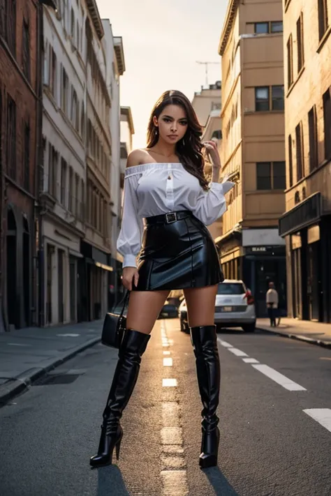 a woman standing on the street trying to repair her car, very sexy dressed, stiletto boots, short skirt, off-the-shoulder shirt,...