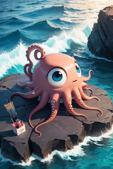 A cartoon human-like octopus with large cartoon eyes holding paint brushes and palette in front of a blank canvas on a rock in the middle of the ocean