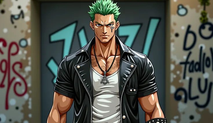 Depiction of a highly detailed, realistic 2 Roronoa Zoro-inspired character standing confidently. He has short, spiky green hair with intense, sharp eyes, and a scar running vertically down from his left eye, adding a sense of toughness. His skin is lightl...