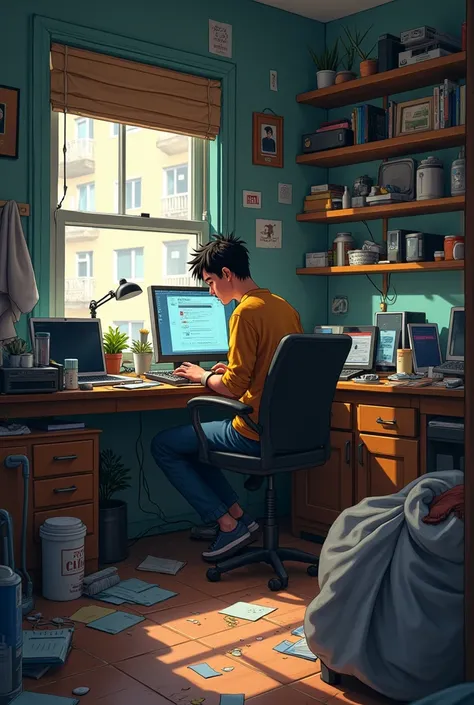 "An unattractive young man with a dark complexion working from home in a messy room. The room is cluttered and disorganized, reflecting a lack of cleanliness and order."
