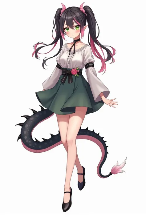 vtuber model complete detailed body, extra detailed body, anime vtuber full body model, soft anime illustration, anime style character, clean detailed anime style,Elf girl full-length concept art dark hair with pink streaks green eyes and a dragon tail ani...