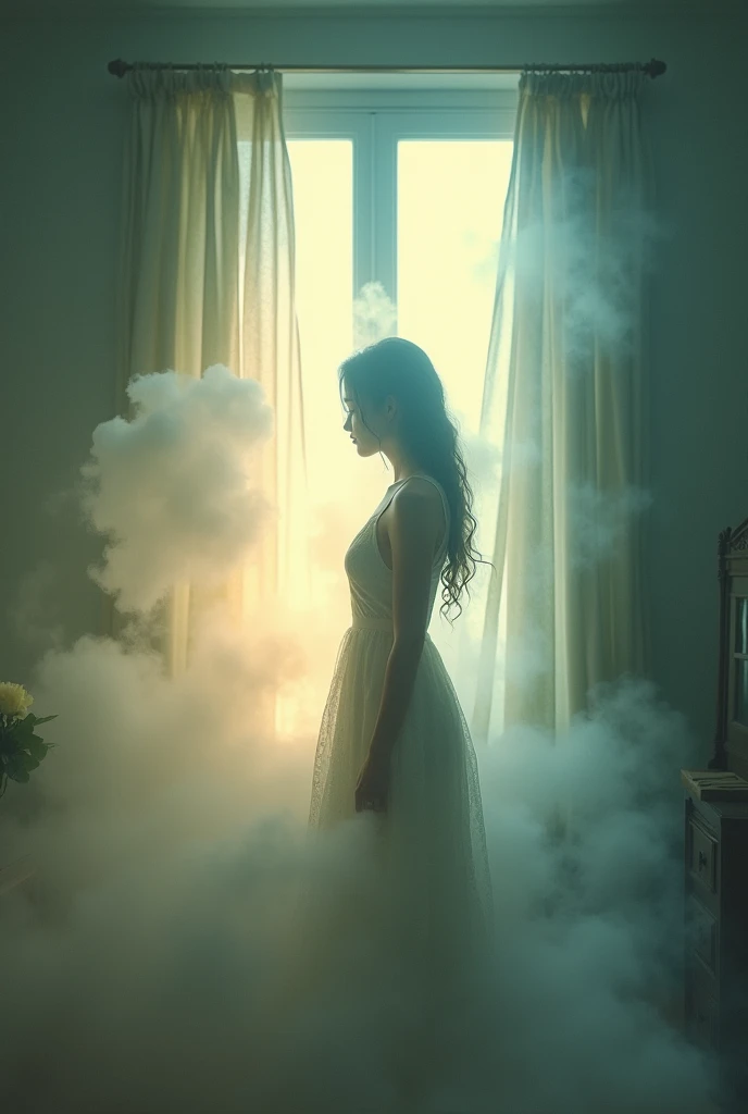 A serene moment as a gentle breeze suddenly blows in, enveloping a woman standing in a room by the window. Soft light and mist swirl around her, creating an ethereal, magical atmosphere. The room and surroundings begin to transform, as if the boundary betw...