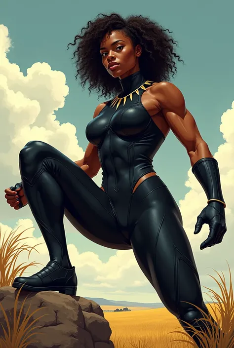 woman, black, full body, strong, athletics, uniforme Black Panther, bottom view, one of the legs bent under a stone, heroic pose, powerful, shocking, Steady, linda,  savana africana, beautiful professional illustration, cores strongs e gritantes estilo car...