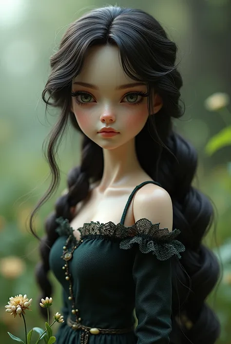 A brunette doll, with loose black braid of cropped top and 