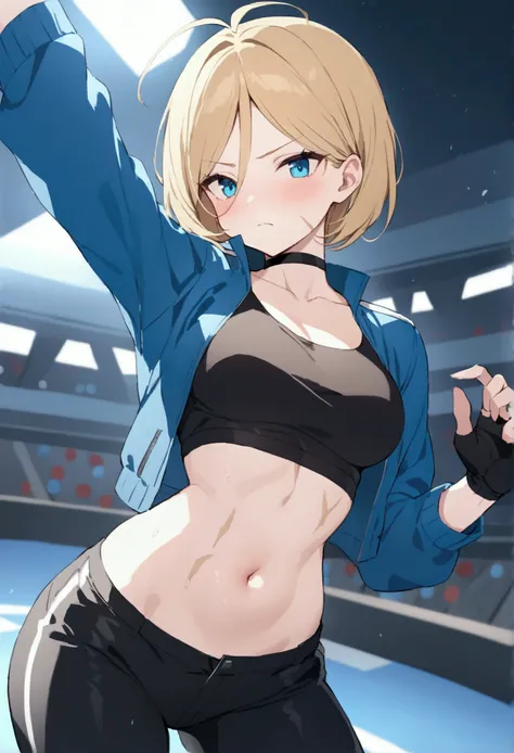 masterpiece, highest quality, High resolution, 1 girl, cammy white, short hair, antenna hair , blonde hair , blue eyes , Scar on left cheek, black choker, clavicle, blue jacket,　Black inner shirt, cropped jacket, open jacket, play sports often, abdomen, fi...