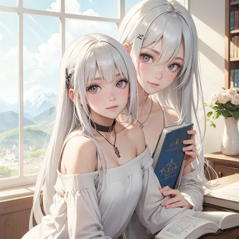 score_9, score_8_up, score_7_up, 1girl, long hair, (straight hair), downturned eyes, bangs, (white hair), hair clip, short eyelashes, silver eyes, pale skin, medium breasts, collarbone, slender, v collar, gray shirt, [shorts], silver necklace, off-shoulder...