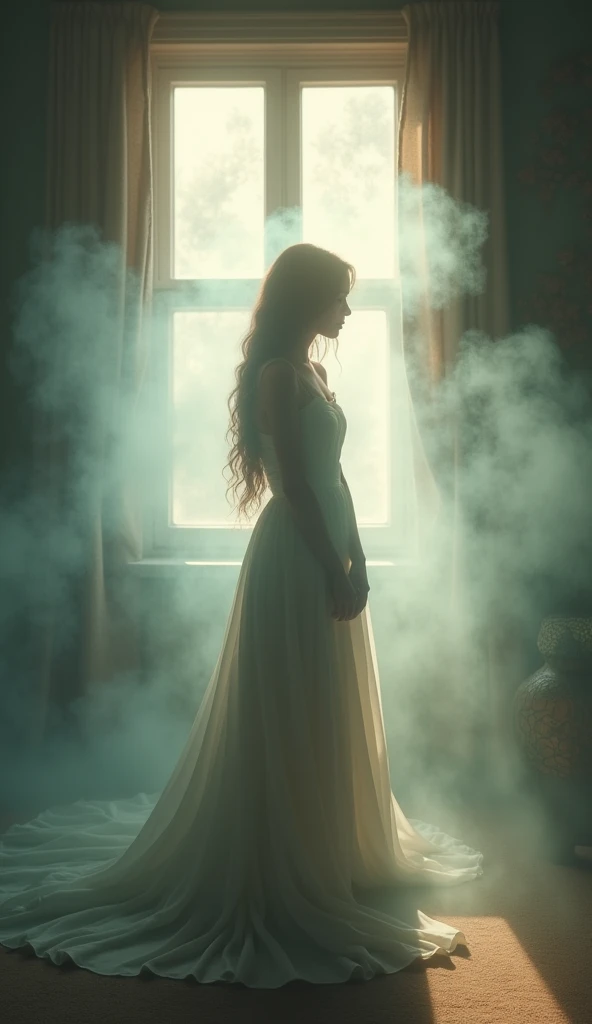 A serene moment as a gentle breeze suddenly blows in, enveloping a woman standing in a room by the window. Soft light and mist swirl around her, creating an ethereal, magical atmosphere. The room and surroundings begin to transform, as if the boundary betw...