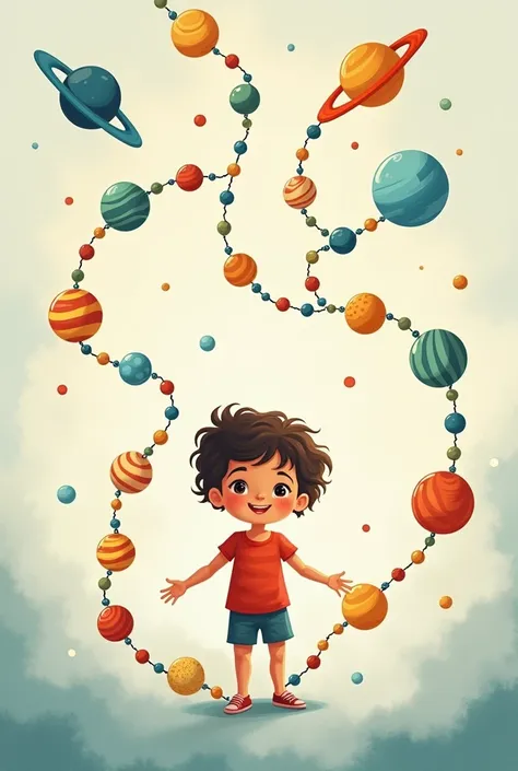 Make a poster drawing of a kid like round planets in one line then the planets form into a rosary