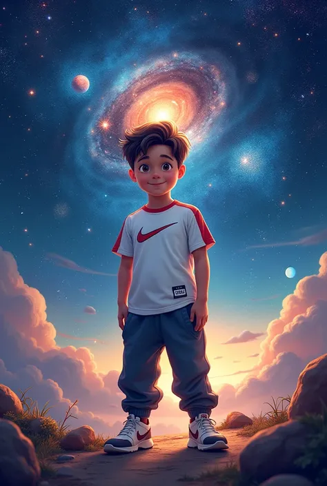 Birthday invitation from a  with a universe concept Rezan turns 5 Place: Freizeitcenter Beckum GmbH BY Eventcenter & BennyMax Indoor Playground Am Tuttenbrocksee 9 59269 Beckum Time: 21.9.2024 Boy with Nike jogging suit in space White tshirt
