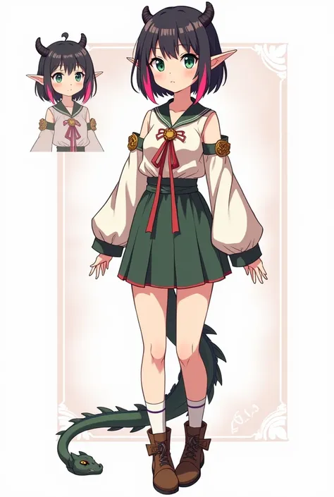 vtuber model complete Elf girl full-length concept art dark hair with pink streaks green eyes and a dragon tail anime style (((detailed character sheet, front view, side view, three-quarter view))) (((Background) white))) 6 heads and half a full body (best...