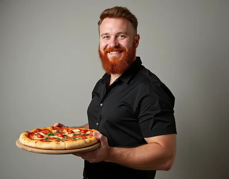 Professional photo, A man with a small red beard like the singer Kabzon, in a black shirt, stands sideways and holds a board with pizza in one hand
