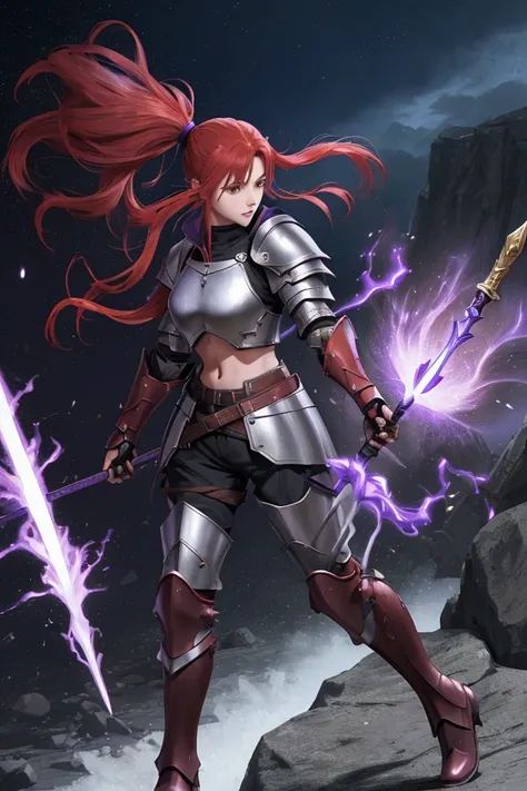 human mature commander female Lancer, 1 ponytails Scarlet hair, 2 girl, JRPG Anime game art style, full body, brown skin, boot, medival fantasy, female light armor, big Spear with purple lightning effect, Arrogant Attitude, Short pant,high boot armour, cro...