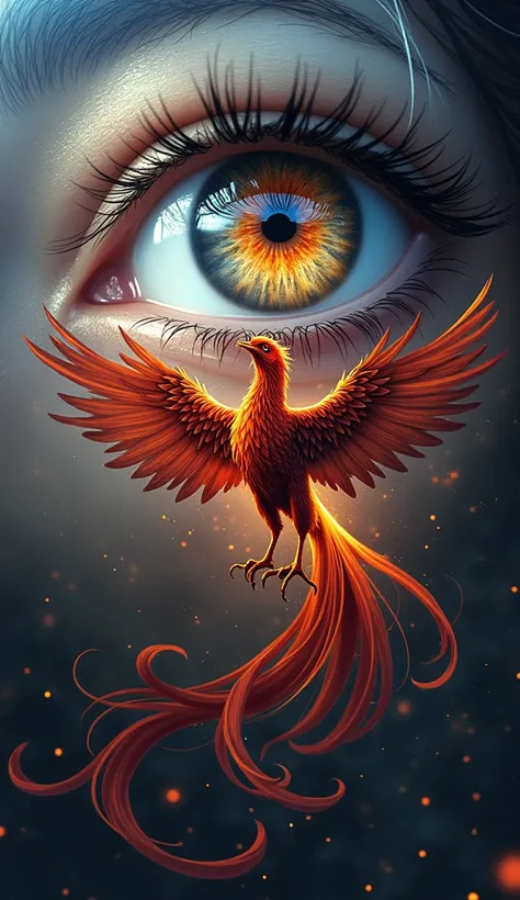 a picture of an eye looking on a phoenix  the phoenix is being reflected in the eye