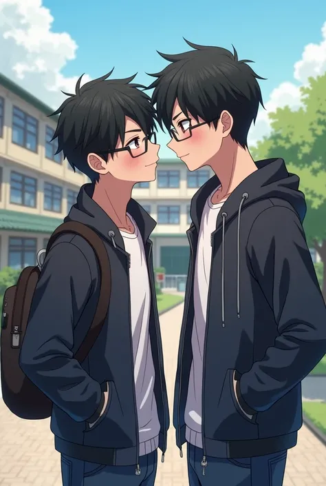 Glasses, high school boy, gay couple, school building, partner, flirting, black hair, two-block