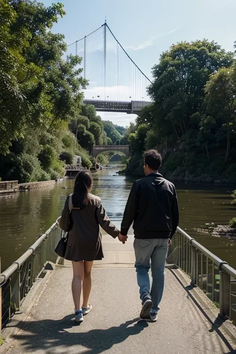  There is a river across it, a suspension bridge, people, adults and children, are walking along the bridge.