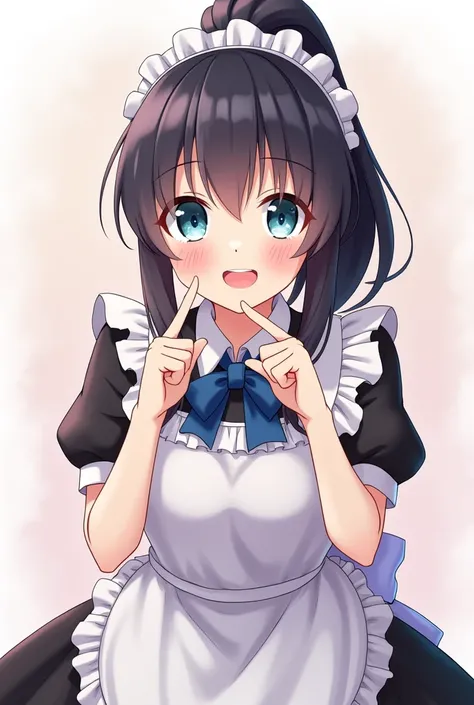 A cute anime-style girl dressed as a maid, with long dark hair tied in a high ponytail, wearing a black and white maid outfit with frills and ribbons. She has big blue eyes, blush on her cheeks, and is posing with her hands raised like a cat, creating a pl...