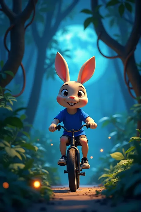 Scene 1: Roki Riding Bicycle*
"A cartoon cute Rabbit character with round face and beautiful eyes, wearing royal blue colour t-shirt and black sneakers, riding a bicycle in a dark jungle at night, with moonlight shining through trees."
