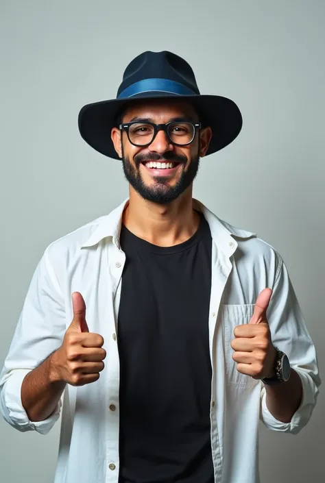 Realistic image of a young Brazilian man with a beard, wearing a black and blue hat and glasses, centered in the frame. He is giving a confident thumbs up, smiling at the camera, 4k, dressed in a casual white shirt with a black t-shirt over it. The backgro...