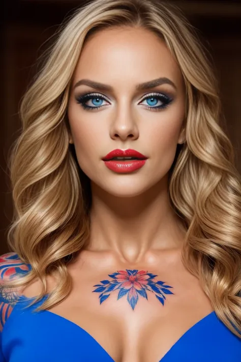 portrait photo of a beautiful woman with a beautiful face, tattooed neck graceful neck, red full lips, , blue expressive eyes, h...