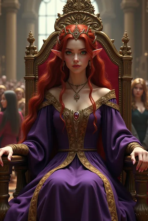 Young woman with long dark red hair, with green eyes, Pointed ears, with crown on the head, purple and gold medieval dress, sitting on a throne in a medieval castle full of people during the day