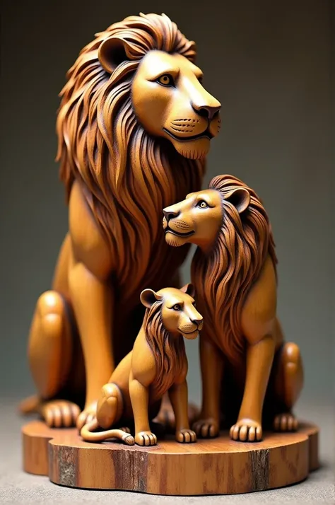 Figure of a lion with his lioness and his baby lioness made of wood 