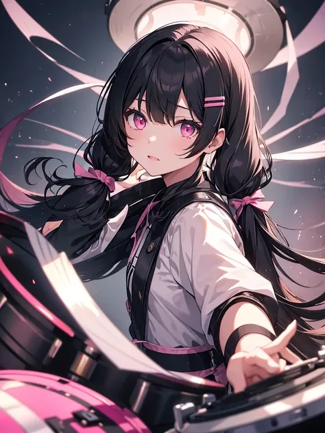 One girl, solo, Long Hair, bangs, Black Hair, Twin tails, Hair Clip, Pink eyes, Part of the picture goes outside the frame, Drum set