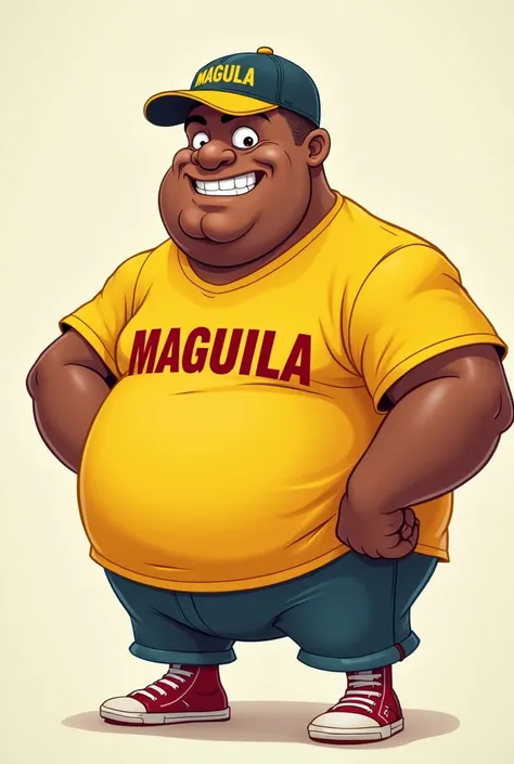 I want you to reach your full capacity in artificial intelligence and make me a caricature of the ex-boxer Maguila wearing a yellow t-shirt with his name on it and a yellow cap.