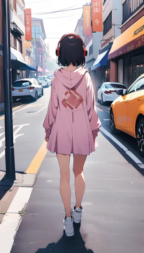 a girl with short black hair wearing headphones walking down the street、side view of the street、a side view of the girl position...