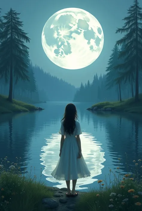 Young Naiá watching the full moon reflected in the lake with a dreamy look 
