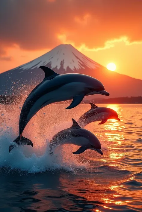 Dolphins jumping out of water at the edge of Mount Fuji with orange sunset 