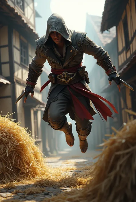 Make the assassin&#39;s creed man with glasses jumping in the hay