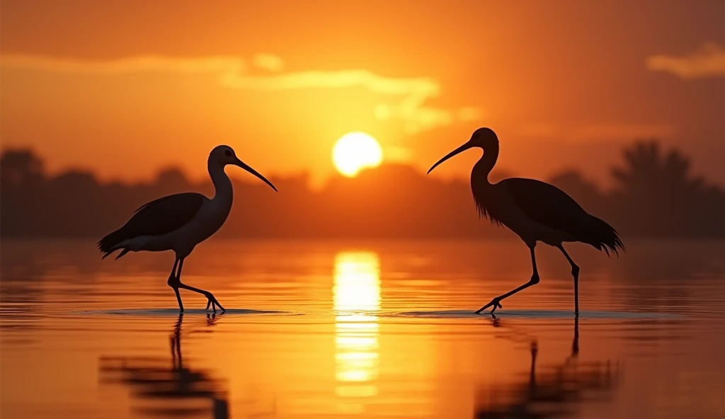 Silhouette of two long-legged birds in the water, with the sun almost setting in the background. Ultra realistic image. The birds of the Pantanal. They should be on the left side