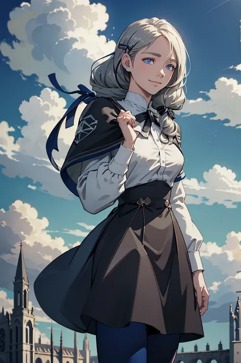 masterpiece, Best Quality, Cowboy Shot ,Realistic, Best Quality, masterpiece, Realistic ,Def Mercedes, Capelet, Hair Ribbon, White shirt, Black Skirt, Blue leggings, Upper Body, Standing, Small breasts, cathedral, null, cloud, Outdoor, smile, Calm, Hands t...