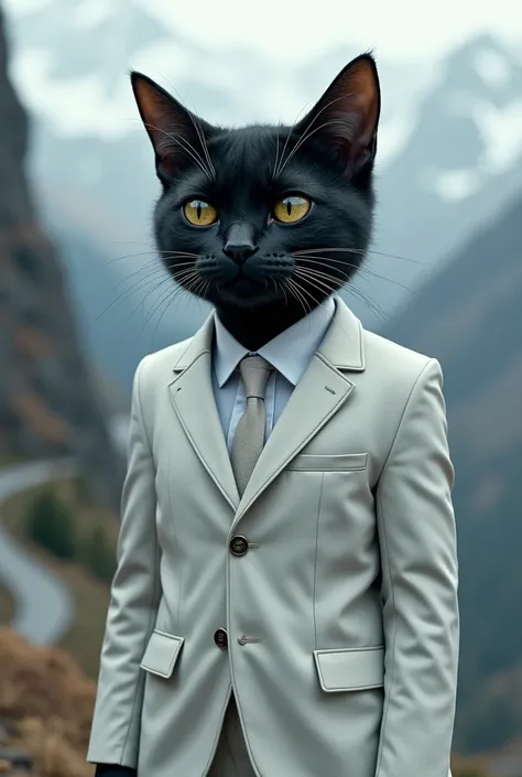 A black cat crying in white suit because he lost his cookie in the long road to mountain