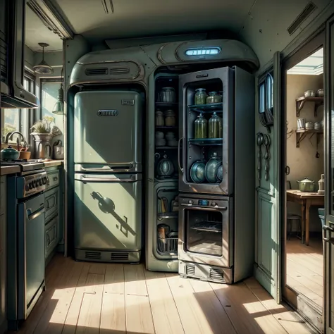 alien invasion from the refrigerator! a small old shabby kitchen full of stuff. in the center of the frame is an open refrigerat...