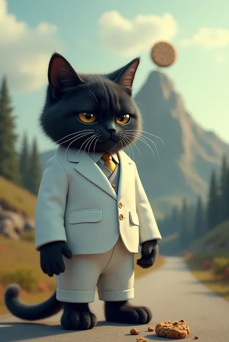 A black cat crying in white suit because he lost his cookie in the long road to mountain cookie in his hand 