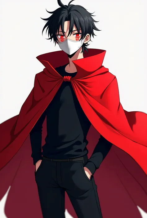 Young man with dark hair in a short ponytail and messy in the front, he wears black clothes and over it a large red cloak, his face is covered by a white mask with red details on the eyes. anime style 