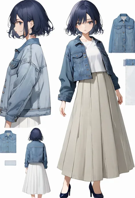 (masterpiece, best quality),(Design sheet:1.4),(multi-angle and detailed view:1.4 ), (girl wearing White cotton cut-and-sew, denim jacket, linen long skirt, pumps), BREAK (16yo,(darkblue hair, wavy-short hair),eyebrows,middle small breasts),(transparent, m...