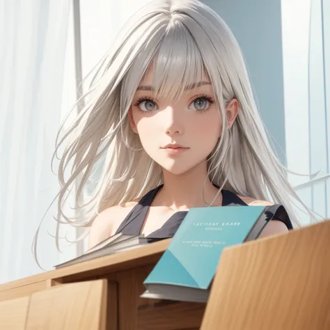 score_9, score_8_up, score_7_up, 1girl, long hair, (straight hair), downturned eyes, bangs, (white hair), hair clip, short eyelashes, silver eyes, pale skin, medium breasts, collarbone, slender, v collar, gray shirt, [shorts], silver necklace, off-shoulder...