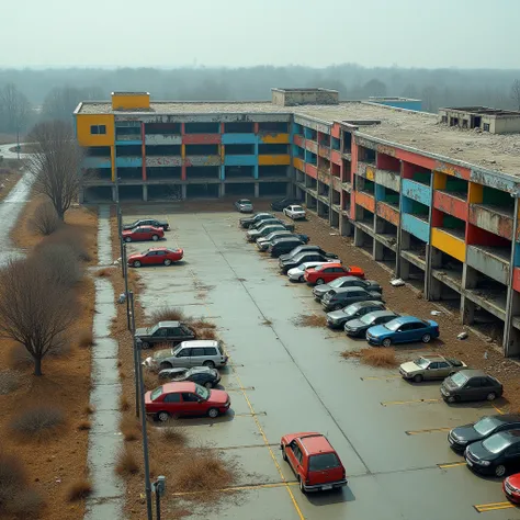 A new 4-storey mega mall was abandoned due to a fire and only left part of the mall intact with bright colored paint and a small complex that is usually used for small shops only has one floor and the northern part of the mall that looks burnt almost colla...