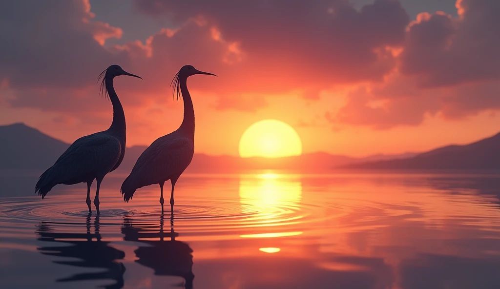 Silhouette of 2 tuiuius in the distance, with your legs in the water and the bottom almost sunset. The two birds should be together on the left side of the image., leaving on the right side only the image of the lake and the sunset in the background. ultra...