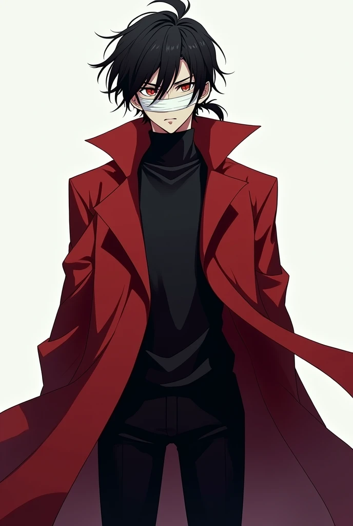 Young man with dark hair in a short ponytail and messy in the front, he wears black clothes and over it a long red coat, He has his face covered with white bandages except for his eyes.. anime style 